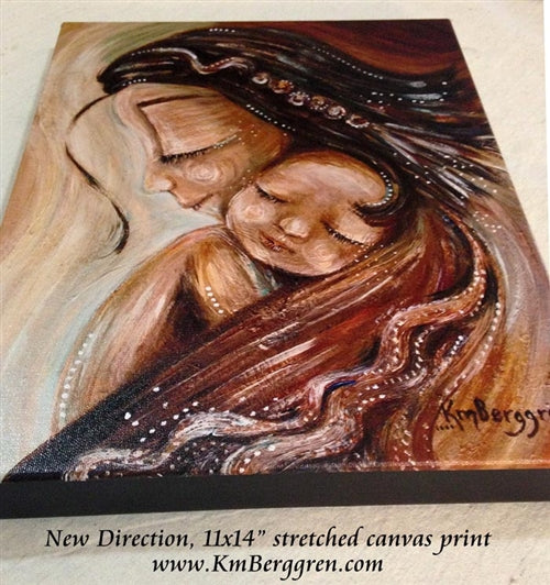 art print in warm tones by KmBerggren of mother with braided hair and sleeping bald child