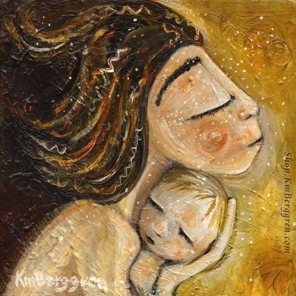 golden yellow art print of mother with short hair hugging small child with blonde hair by KmBerggren