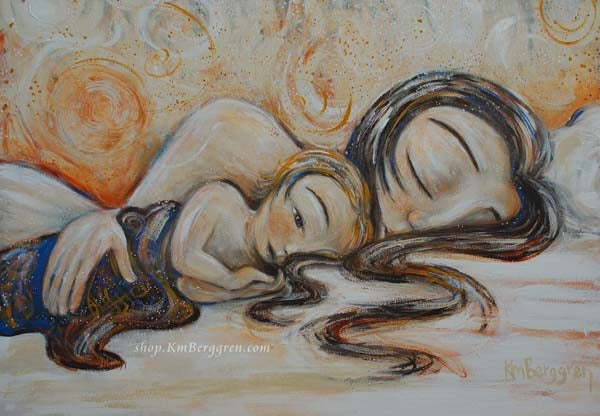 sleeping mother artwork with blonde eyes open child by KmBerggren