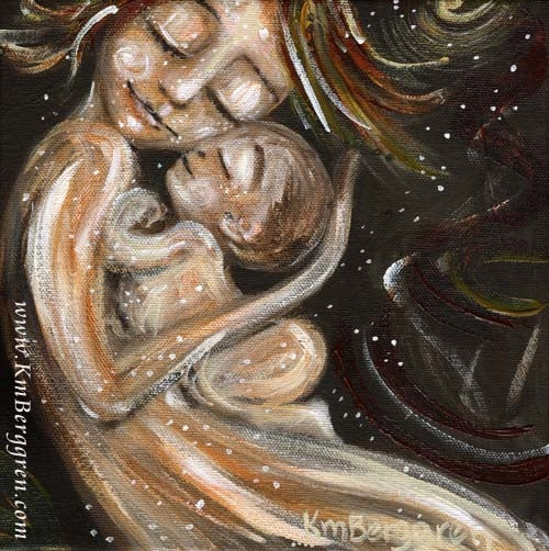 neutral toned artwork of naked mother dancing with naked child by KmBerggren, mother and one baby skin to skin intimate artwork, art print of woman with new baby, new baby gift, baby shower gift for mother with infant son, short haired mom, nude mom with naked baby