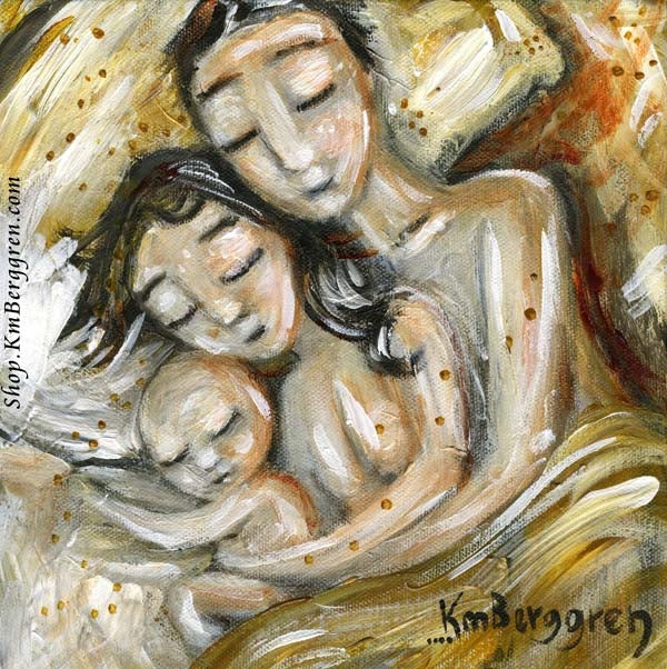 mother and father sleeping with bald baby in yellow bed artwork