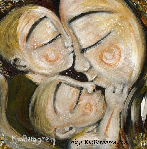 yellow art print of mama kissing the faces of two babies, twin boys and mama, mother of 2, brothers and mama, big brother and baby kissing mother