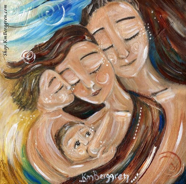 breastfeeding family art print with mother father and two children, red haired mom, blonde older son and nursing baby, primary colors motherhood artwork by kmberggren
