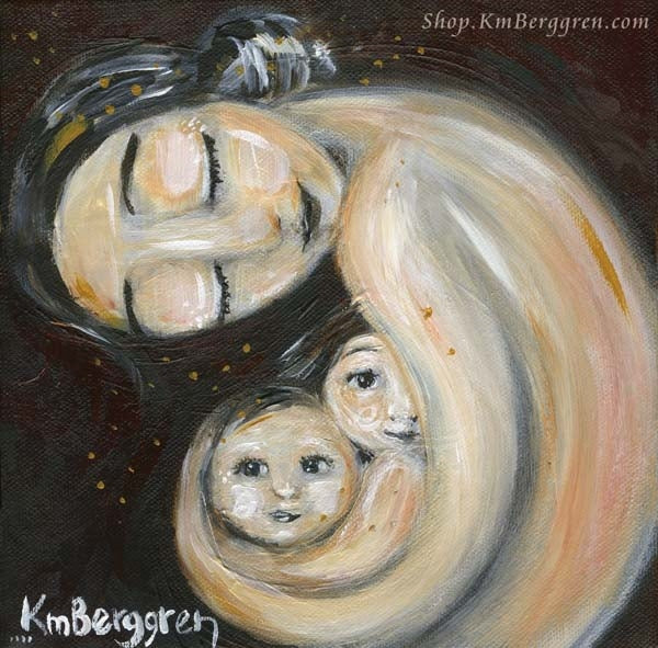 dark hair mother arching over two children. Choose Embellished print for eye color changes.