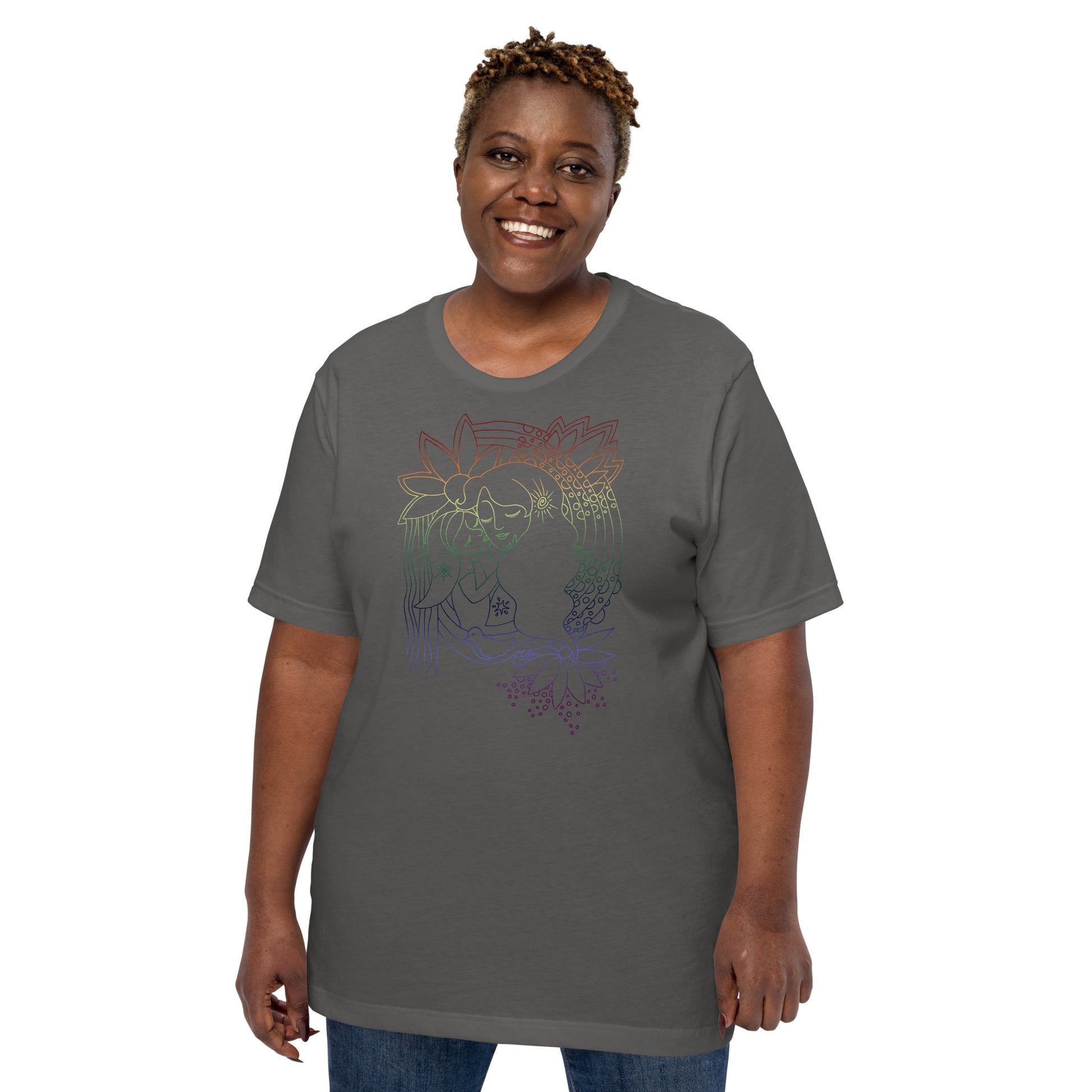 rainbow mother and child art drawing shirt, graphic tee for mom, art graphic tee, rainbow line drawing on shirt, soft cozy shirt for mom, art tee, artwork on tee shirt, art on t-shirt for mom, artsy t-shirt for woman