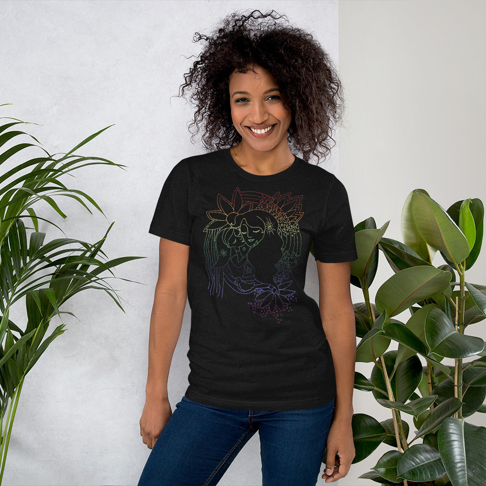 rainbow mother and child art drawing shirt, graphic tee for mom, art graphic tee, rainbow line drawing on shirt, soft cozy shirt for mom, art tee, artwork on tee shirt, art on t-shirt for mom, artsy t-shirt for woman