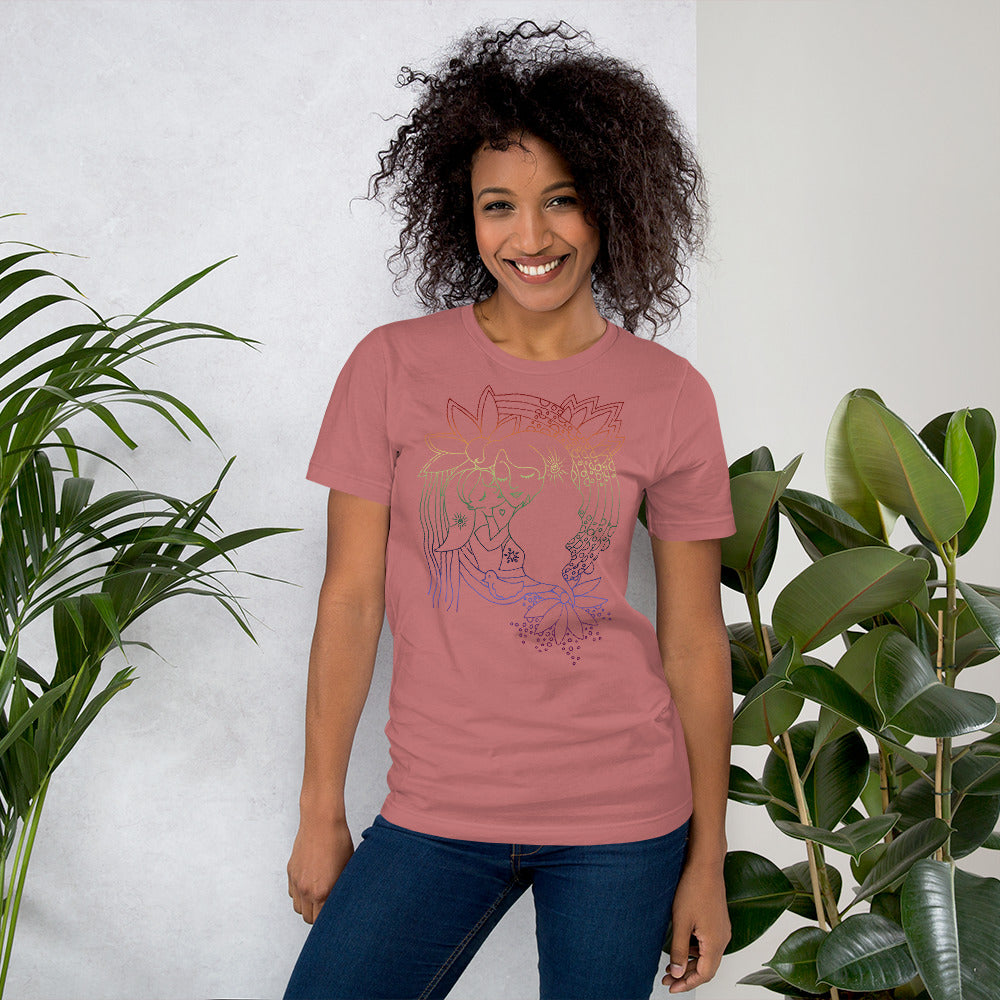 rainbow mother and child art drawing shirt, graphic tee for mom, art graphic tee, rainbow line drawing on shirt, soft cozy shirt for mom, art tee, artwork on tee shirt, art on t-shirt for mom, artsy t-shirt for woman