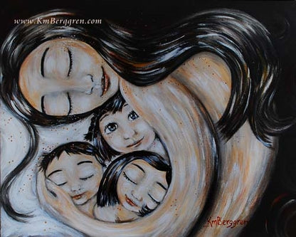 dark haired mother cradling three dark haired children, artwork by KmBerggren