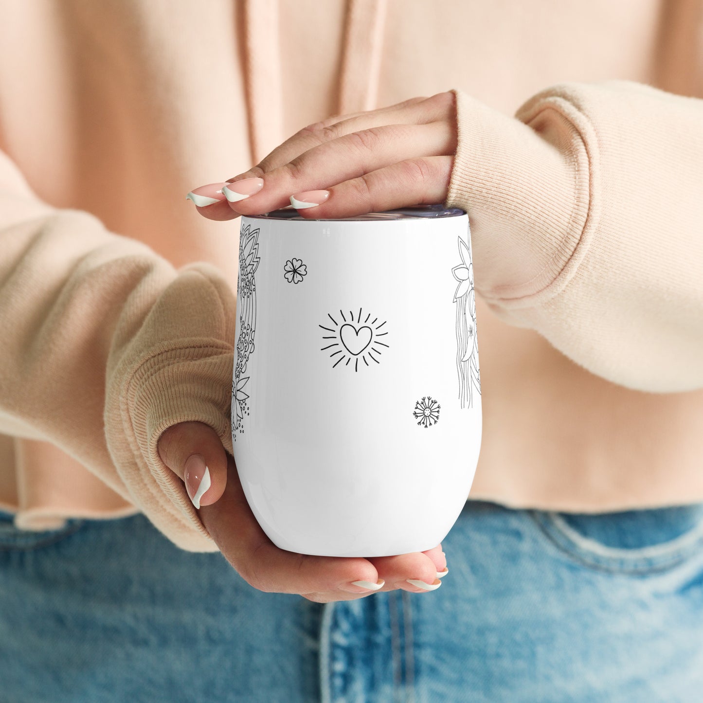 uniquely shaped tumbler, unbreakable stainless steel, motherhood drawing on tumbler, mom art glass, drinkware for mom, art drinkware, art cup, gift for mom, wine gift for moms