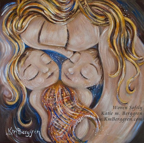 Woven Softly - Curly Blonde Mother & Twin Babies Art Print