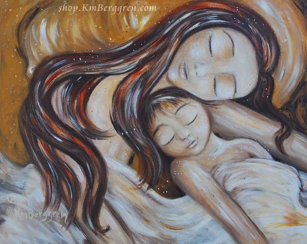 tender warm painting of a golden scene with mother sleeping with son on a yellow pillow, white blanket, long brown hair mama, cosleeping co-sleeping art by KmBerggren