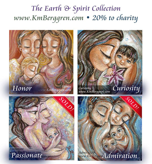 earth and spirit, earth warm toned art, warm art of mother and child, paintings of family, paintings of kids, art for mom, mothers day gifts, mommy and baby, mother and kids, father and mother art