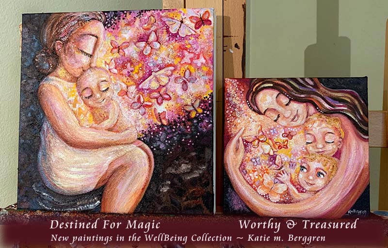 mother child and butterflies artwork, pink magenta orange painting, hopeful artwork, well being art, health artwork, art for health meditation