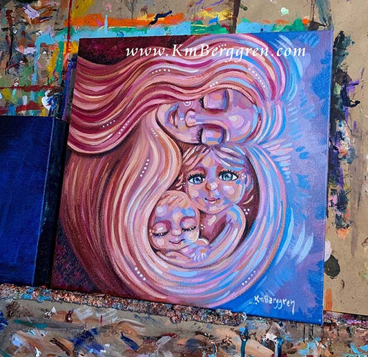 vibrant mother and child artwork, expressive paintings of mom and babies, gift for mothers with children, motherhood art, warm and electric artwork, expressionistic vibrant colorful artwork for women, kmberggren mama and baby artwork