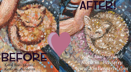 blonde mother and daughter artwork painting of mom and little girl sleeping with cat, co-sleeping artwork, mommy and little girl napping art print, frameable artwork, kmberggren