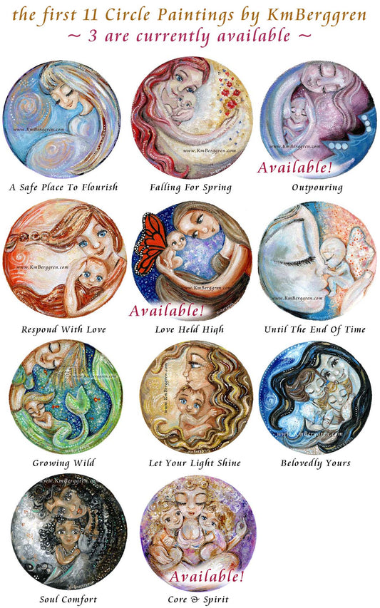 round artwork, paintings of women and mothers in circles, mom baby art prints