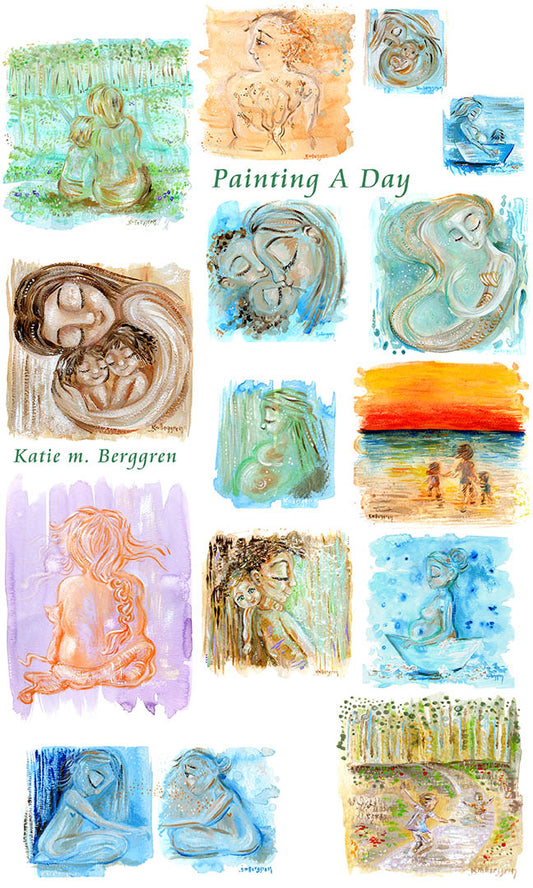 painting a day, watercolor family art, paintings of mother and child, beach paintings, paintings on paper by kmberggren