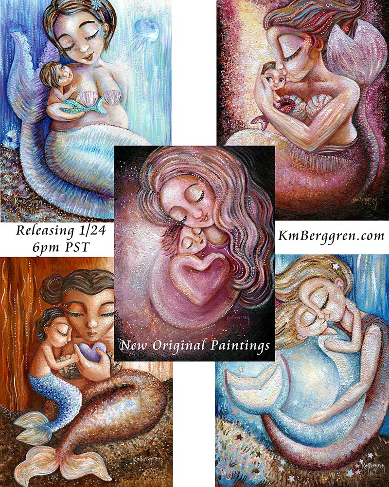 mermaid art on paper, prints of mermaids, kmberggren mermaid, art of mermaid, mother mermaid art, merbaby artwork