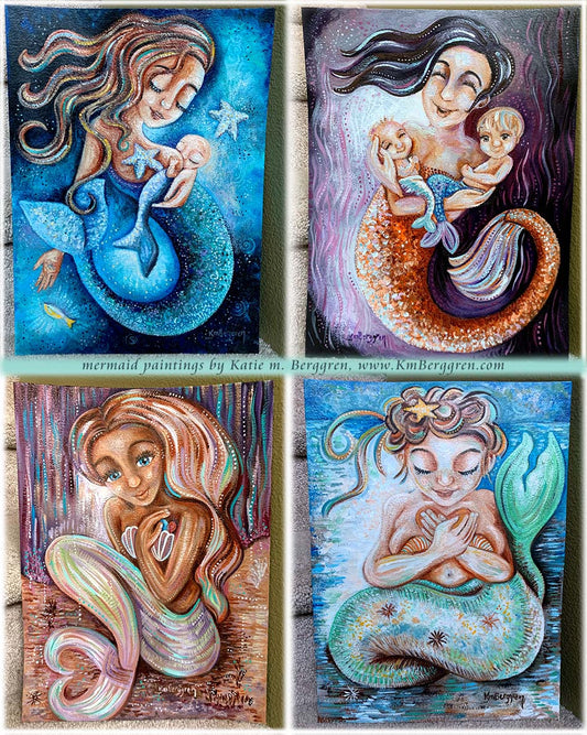 mermaid art, merchild, mermama, mermother painting, mermaid mother painting, mermaid and children, merbabies art, kmberggren