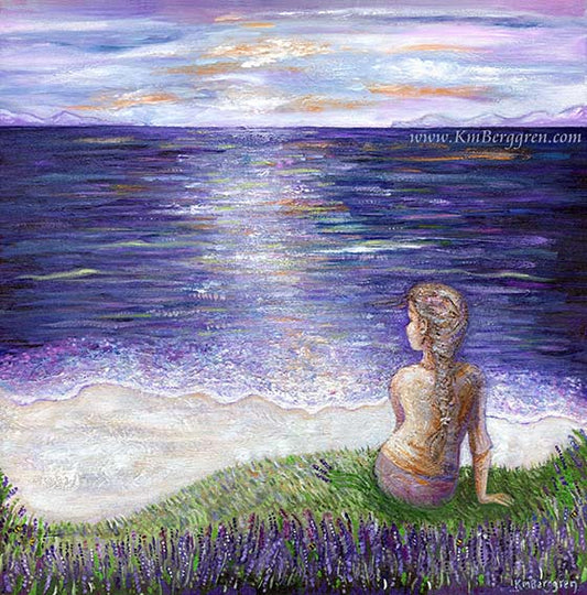 purple ocean, purple sea, woman looking out to sea, white sand beach, purple mountains, woman back view, purple sky, silence and solitude peaceful artwork