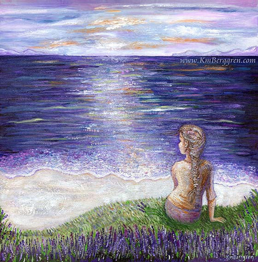 purple ocean, purple sea, woman looking out to sea, white sand beach, purple mountains, woman back view, purple sky, silence and solitude peaceful artwork