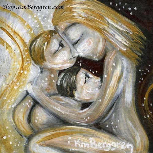 mother and two sons artwork, painting of mom and two kids, brothers artwork, mommy and little boys art