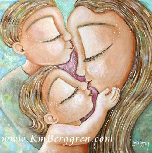painting on purpose, painting by Katie m. Berggren, art for charity, back to healing organization, i am straight forward, scoliosis teenager, painting of mom and two children, mom and son daughter, big brother, little sister, babies kissing mommy's face