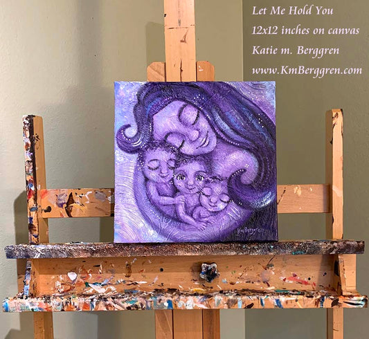 purple mother and children art, purple paintings, violet lavender artwork, mother child paintings, mom and three kids art