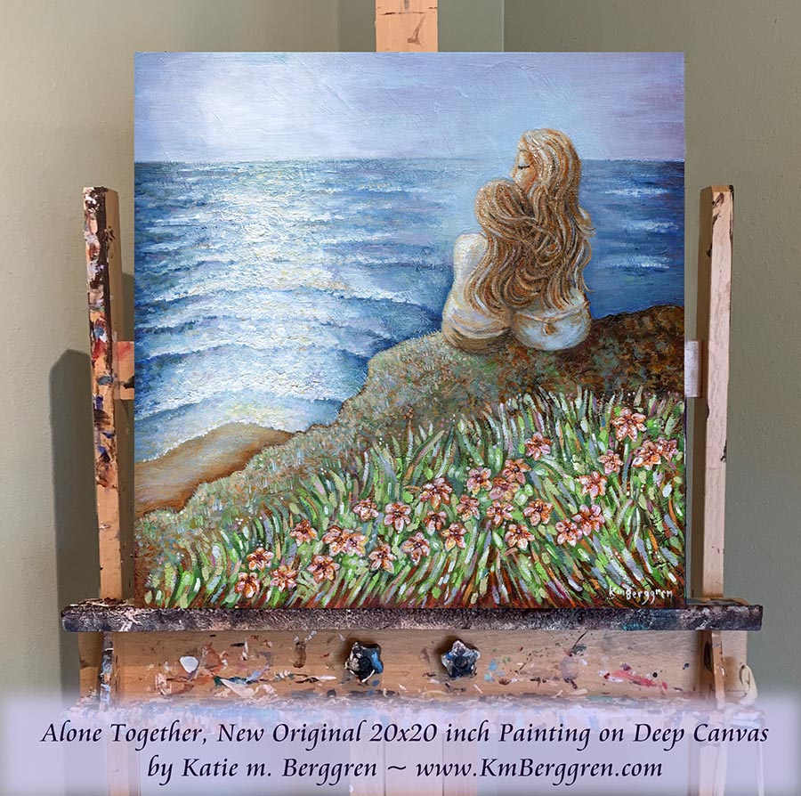 woman and daughter looking at ocean, peaceful serene artwork of mother and daughter, ocean artwork, seascape painting, ocean horizon art