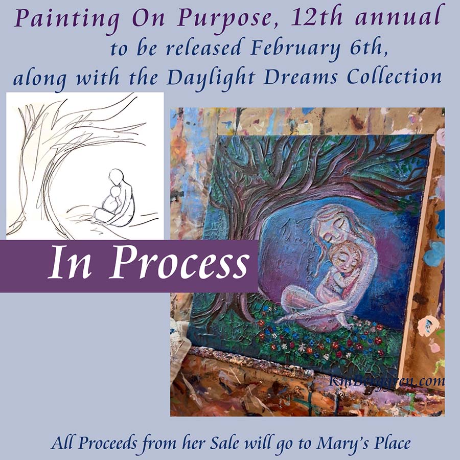 paintings of people, paintings of mothers, paintings of families, kmberggren art, kimberggren art, mountains in pink and blue with woman and child, mother and child in the mountains, art of the outdoors, nature art, wide open spaces painting