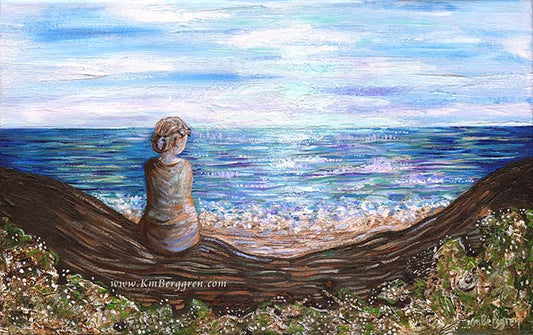 woman and sea, woman looking at ocean art, back view women and ocean, solitude art print, solitude peaceful artwork