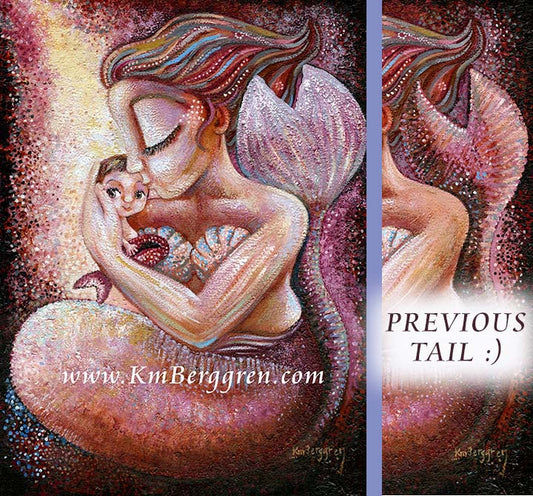 mermaid art, paintings of mermaid and baby, merbaby paintings, mermother art, kmberggren mermaid, red magenta mermaid