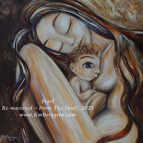 Artistic depiction of a woman holding a child with a dark background, curly blone baby with big eye and naked mother with long brown hair, skin to skin mother and child artwork, kmberggren, km berggren