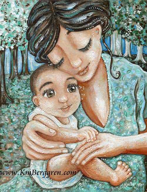 painting of mother and child in the woods, fantasy trees, big eye baby, mothers day gift, mother and baby boy, sea green, sea foam, aqual artwork, light green art, blue and green paintings, paintings of woman in trees, paintings of family