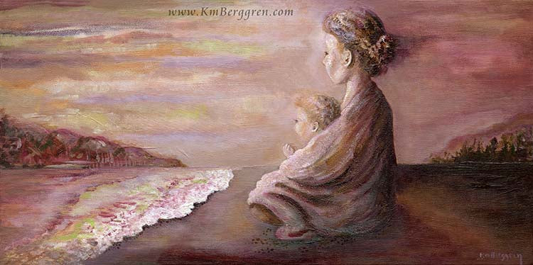 woman and child on soft pink beach, powerful woman art, strong woman painting