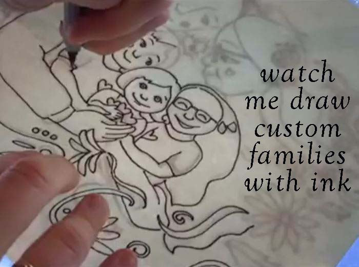 kmberggren custom family ink drawings, pen and ink drawings kmberggren