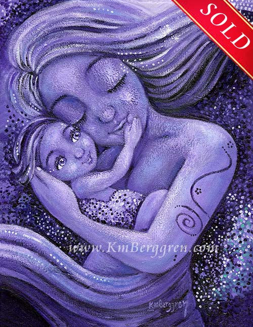 mother and child artwork, purple painting of woman, nude woman and child art, purple art, warm art, purple nudes,