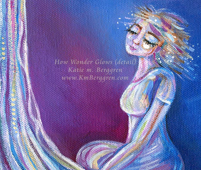 blonde woman sitting beneath magic tree with blue and magenta backrground and mountains deep in the distance