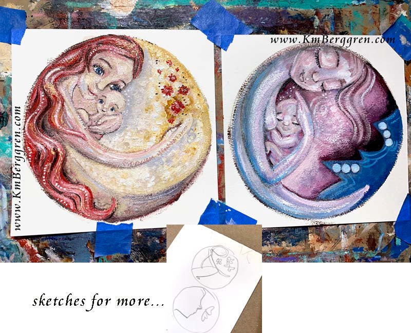 round paintings on paper by kmberggren motherhood art