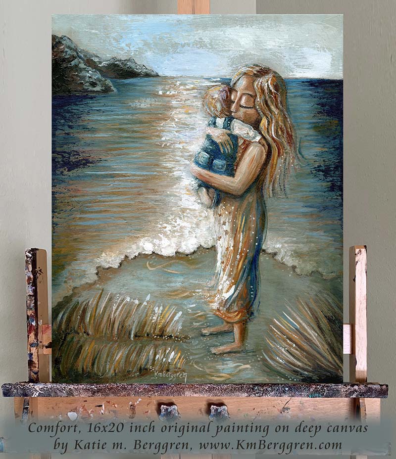 original art of mother and son standing on beach, painting of mom holding baby by the seashore, cool calm artwork, contentment art, relaxing peaceful painting shown on sitting room wall