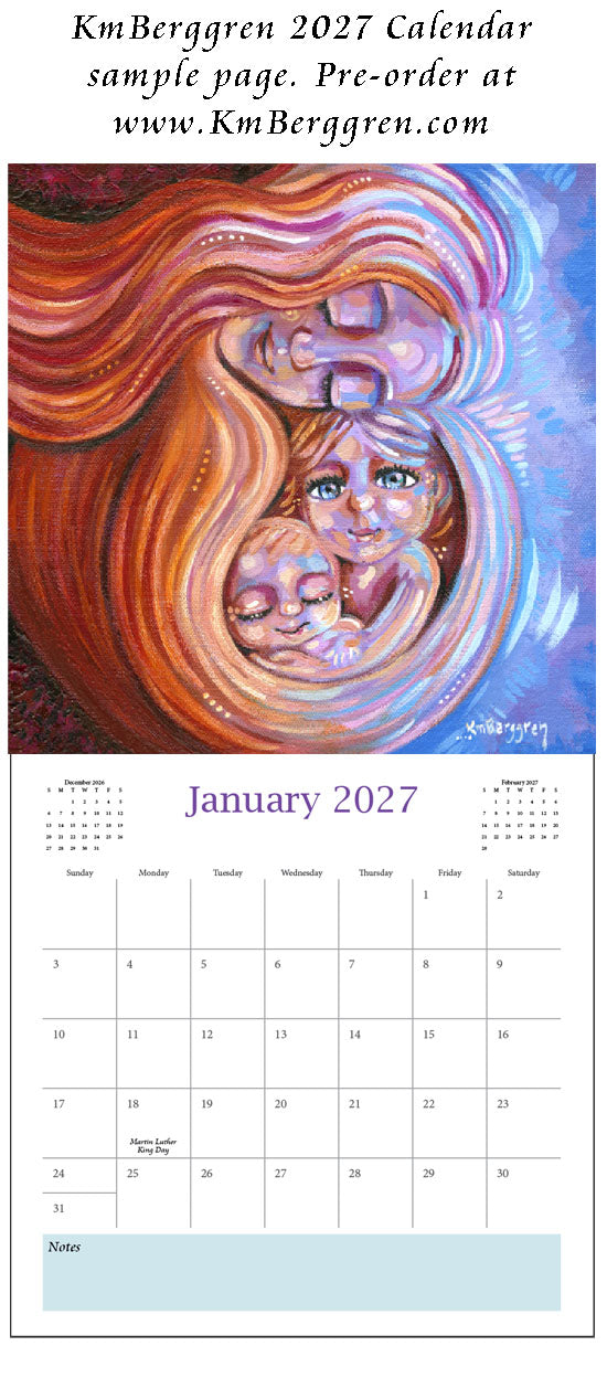 art calendar 2027, km berggren art calendar, mother child calendar, calendar for moms, planner for moms, keepsake calendar, collectible calendar, mom and baby art, calendar for families, calendar for mothers, new baby calendar, new baby gift, new mom gift, push gift artwork, family of 5 painting, mother and two kids, 2 kids artwork, mom and babies painting, paintings of women, art for women