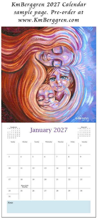 art calendar 2027, km berggren art calendar, mother child calendar, calendar for moms, planner for moms, keepsake calendar, collectible calendar, mom and baby art, calendar for families, calendar for mothers, new baby calendar, new baby gift, new mom gift, push gift artwork, family of 5 painting, mother and two kids, 2 kids artwork, mom and babies painting, paintings of women, art for women