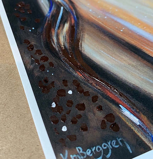 Artistic depiction of a woman holding a child with a dark background, curly blone baby with big eye and naked mother with long brown hair, skin to skin mother and child artwork, kmberggren, km berggren