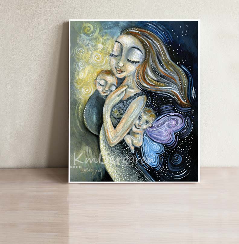 mother holding rainbow baby with angel baby clinging to her back, winged baby lost twin, earthside and heavenside