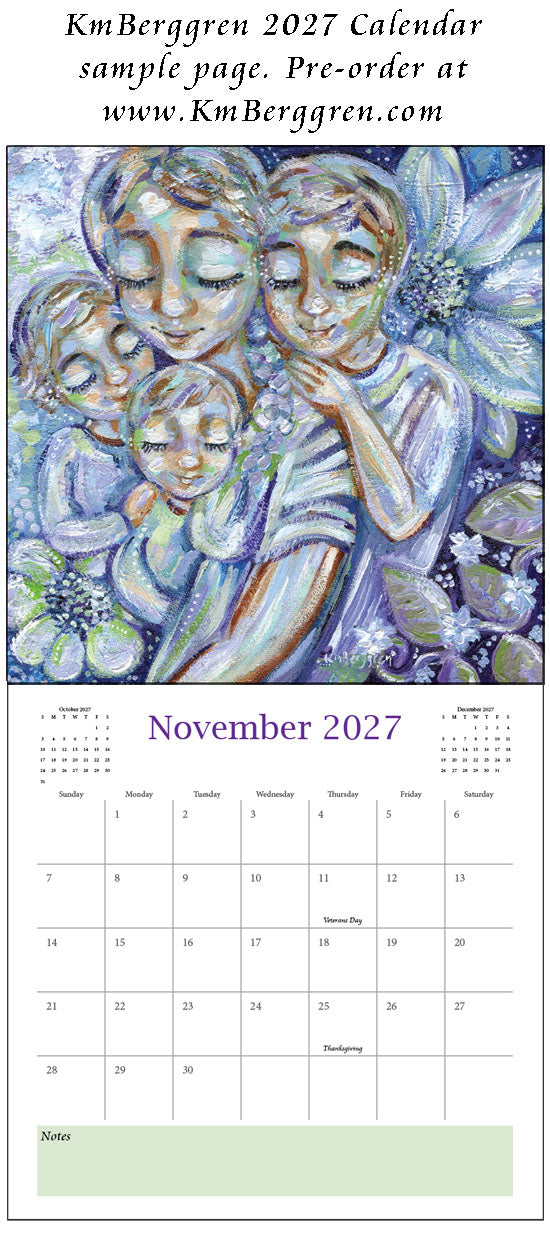 art calendar 2027, km berggren art calendar, mother child calendar, calendar for moms, planner for moms, keepsake calendar, collectible calendar, mom and baby art, calendar for families, calendar for mothers, new baby calendar, new baby gift, new mom gift, push gift artwork, family of 5 painting, mother and two kids, 2 kids artwork, mom and babies painting, paintings of women, art for women