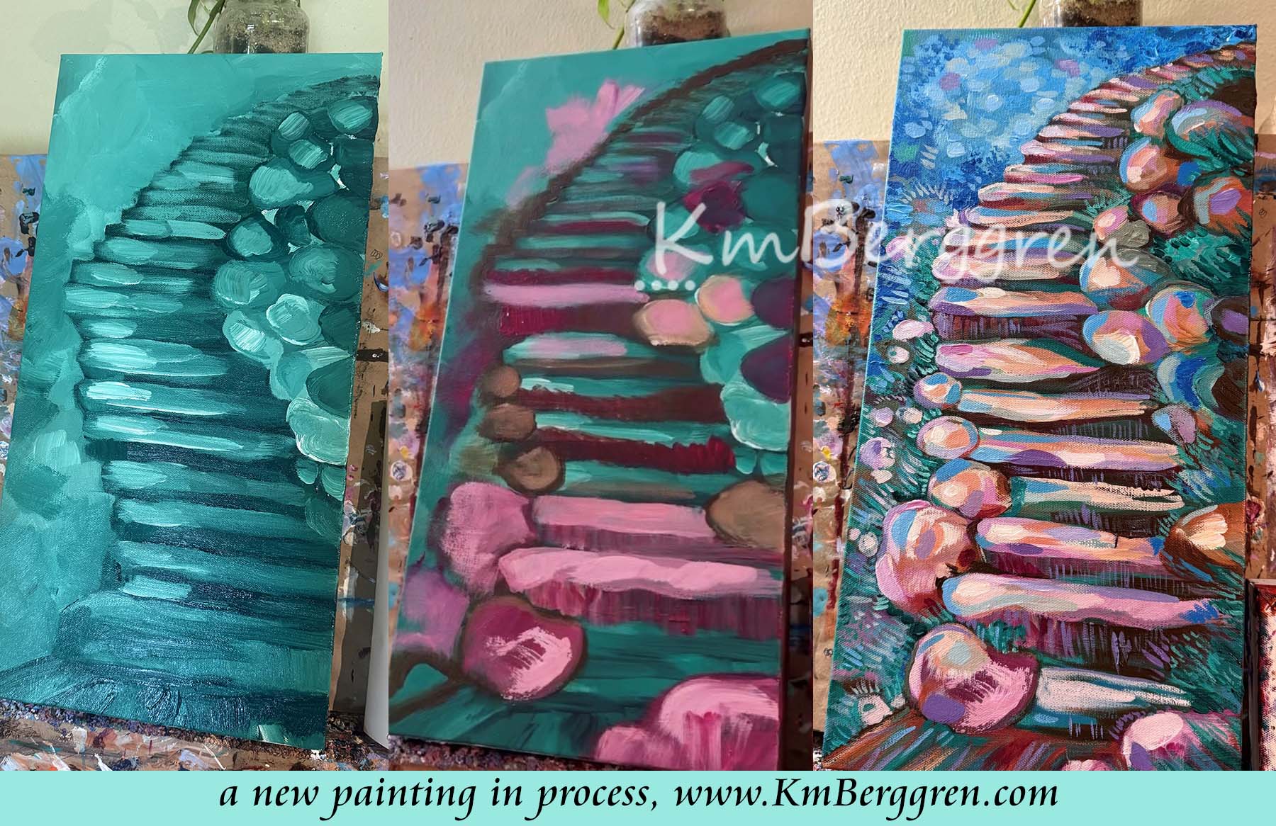 progress of painting of woman climbing stone steps original painting by kmberggren, paintings of women, hopeful artwork, inspirational artwork for women, gifts for mom, art for women, paintings of stairs in nature, paintings of trees, paintings of rocks, kimberggren, kmberggren, katie berggren