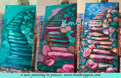 progress of painting of woman climbing stone steps original painting by kmberggren, paintings of women, hopeful artwork, inspirational artwork for women, gifts for mom, art for women, paintings of stairs in nature, paintings of trees, paintings of rocks, kimberggren, kmberggren, katie berggren