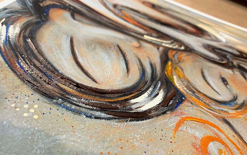 Artistic depiction of two figures sleeping together, brunette mother and blonde son, mother and daughter art, mother and daughter sleeping artwork, painting of mom and little girl napping, child and mom sleeping artwork, mom and son sleeping art, paintings of mother and child, hopeful optimistic white and gold artwork for moms and women, kmberggren, km berggren, kimberggren