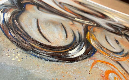 Artistic depiction of two figures sleeping together, brunette mother and blonde son, mother and daughter art, mother and daughter sleeping artwork, painting of mom and little girl napping, child and mom sleeping artwork, mom and son sleeping art, paintings of mother and child, hopeful optimistic white and gold artwork for moms and women, kmberggren, km berggren, kimberggren