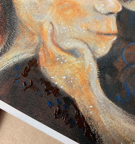 Artistic depiction of two face to face together, brunette mother and son, mother and daughter art, mother and daughter face to face artwork, painting of mom and little girl intimate, child and mom instimate kissing artwork, mom and son art, paintings of mother and child, hopeful optimistic blue and gold artwork for moms and women, kmberggren, km berggren, kimberggren